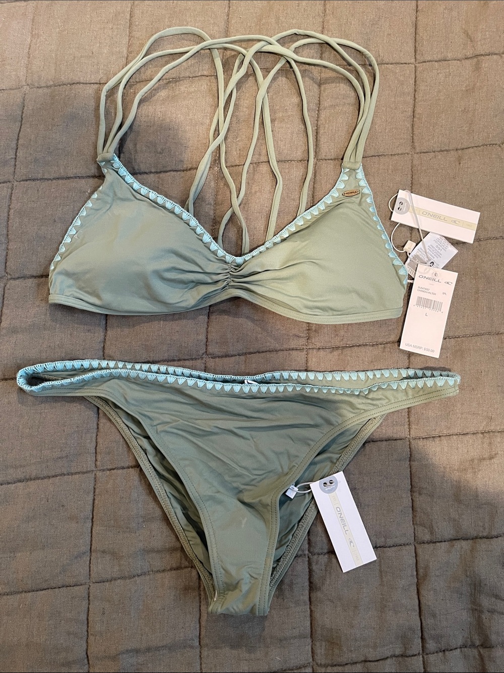 O'Neill Sage Green Strappy Triangle Bikini with Light Blue Trim
